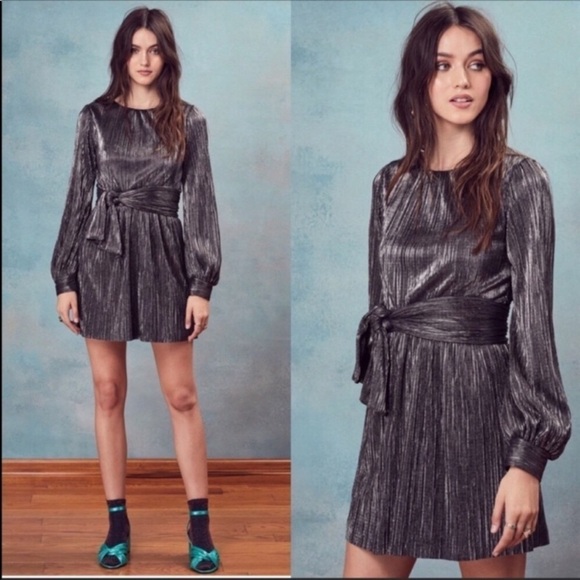 For Love And Lemons Marion Metallic Pleated Mini Dress Gunmetal XS - Picture 1 of 8